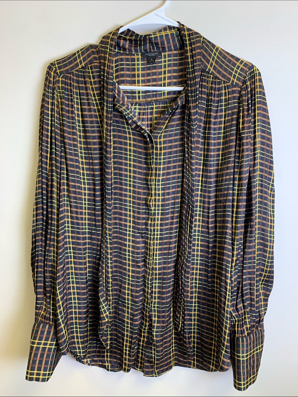 Ann Taylor Factory Black Plaid Button-Down Shirt with Yellow Windowpane